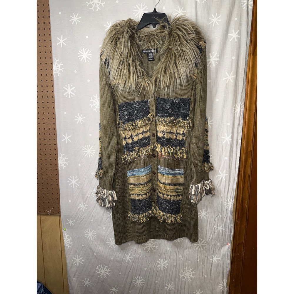 Mirror Image Olive Green Faux Fur Collar Longline Heart Patch Cardigan Sweater L